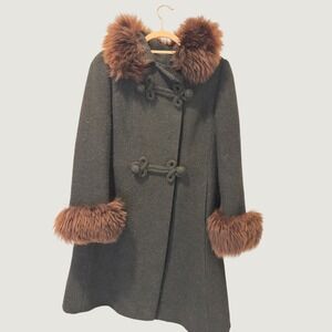 Vintage 1960s Union Made Faux Fur Trim Toggle Wool Coat